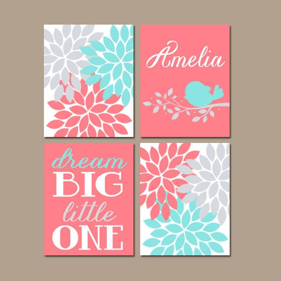 Coral Aqua Gray Nursery Wall Art Canvas or Prints Bird Branch