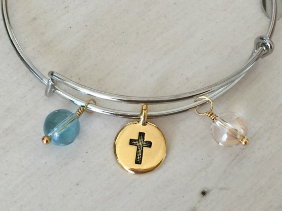 Adjustable Bangle with Cross & Crystal Charms