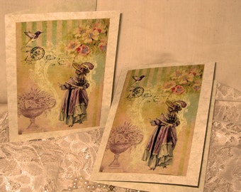 Vintage French Design Marie Antoinette Handmade Cards Adormed with Bling on Parchment ECS