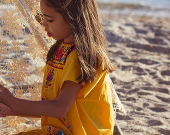 Vintage 70s Girl's MEXICAN Dress EMBROIDERED Yellow Dress BOHO Kid's Dress Cotton Tent Dress