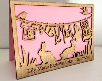 Personalised New Baby Card - Wooden Greetings Card engraved keepsake for baby shower or birth personalized Baptism Christening