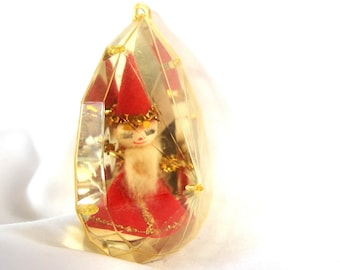 Vintage Plastic Christmas Ornament, Mid Century Yellow Plastic Santa Diorama Ornament
