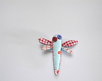 Fiber art brooch, dragonfly brooch, navy textile jewelry, insect brooch, gingham and dot accessories in blue red white
