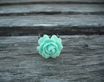 mint green rose flower ring - antique brass