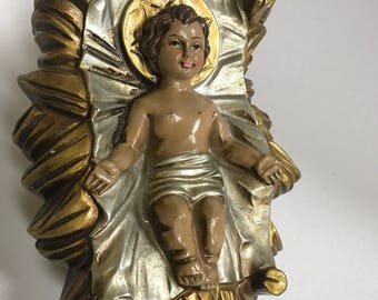Vintage Baby Jesus Nativity Manger Fogurine Large Gold Florentine Paper Mache