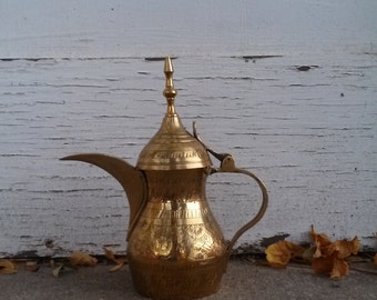 Indian Turkish Moroccan Pitcher with Lid - Etched Brass Pitcher with Hinged Lid
