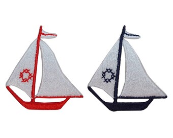 ID 1883AB Set of 2 Sailboat Patches Ship Nautical Embroidered Iron On Applique