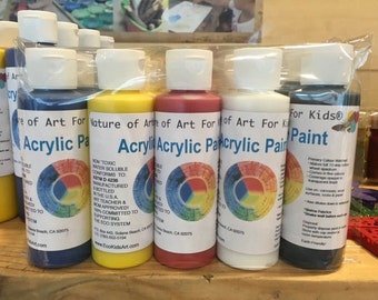 5 bottles of kids acrylic paint starter set, three primary colors for mixing plus black and white, designed by earth-friendly mom