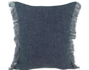 Bohemian Frayed Pillow Cover 18x18, 20x20, 24x24 Euro or Lumbar, Hand Fringed Throw Pillow, Denim Blue Cushion, Boho Pillow, Accent Pillow