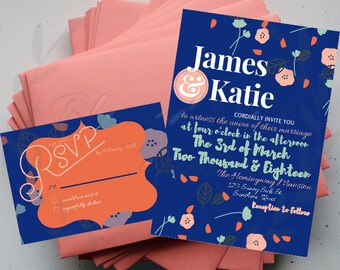 Nautical Blue and Coral Wedding Invitation Suite Made to
