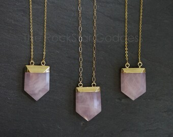 Gold Rose Quartz Necklace / Gold Rose Quartz Pendant / Rose Quartz Necklace / Rose Quartz Crystal Necklace