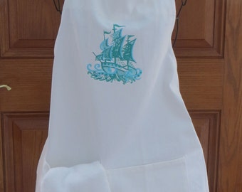 White Purchased Apron with Embroidered Ship In Water-y Blues Great Gift for someone with a beach house