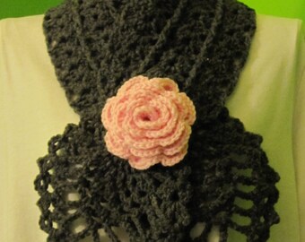 Charcoal grey scarf with a rose (baby pink)