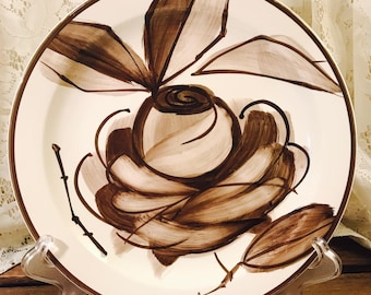 Rare Vintage Vera Neumann Island Worcester Dinner Plates - Made In Jamaica - Brown Rose and Leaves