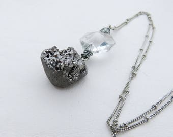 Vintage Crystal Prism and Silver Druzy Necklace // Druzy Necklace // Silver Wire Wrapped Prism Necklace