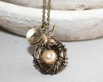 Bird Nest Necklace with Custom Initial, One Egg Nest, Personalized Bird Nest Necklace with Initial, Mothers Necklace, Monogram Nest
