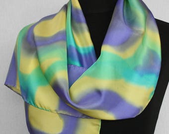 Hand painted silk scarf (pongé 8), 150 x 30 cm in purple, green and yellow (L-0005)