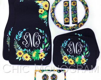 Sunflower Car Accessories Set Monogrammed Car Floor Mats Steering Wheel Cover & Seat Belt Covers License Plate Frame Car Coasters Sunflowers