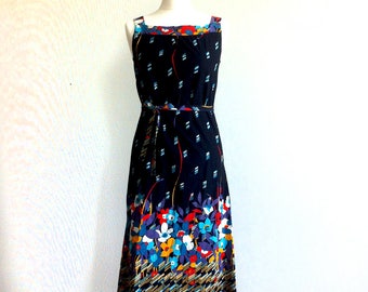 1970 strappy a-line summer dress floral print cotton