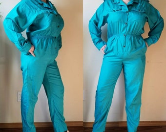 Vintage 1980s Teal Green Jumpsuit, Size L/XL