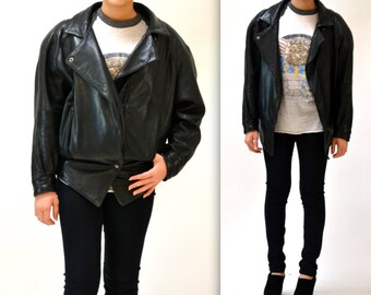 Vintage Black Leather Motorcycle Jacket SIze Medium Women// Vintage Black Leather Biker Jacket Size Medium