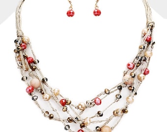 Multi Strand Multi Bead Bib Necklace Pink