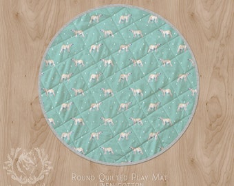 Polar Bear Round Play Mat for Baby Tummy Time | Soft Blue Green Linen Cotton Quilted Circle Rug Nursery. Ships in 4-6 wks