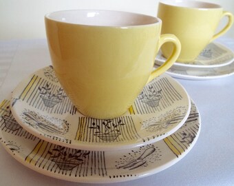 Vintage Yellow Tea Cup and Saucer with Gardening Images. Retro Yellow Teacup Trio and Cake Plate. Perfect as a Gardener Gift or for Tea Time