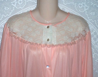 Size Large - Vintage Robe - by Katz - Peignoir - Dressing Gown - Housecoat - Peach - Nylon - Lace - 3/4 Sleeves - Below Knee Length