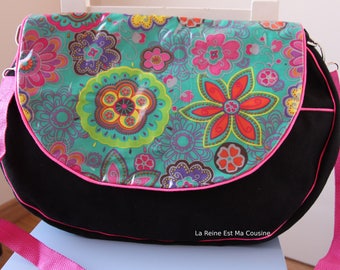 Black Suede and velvet flowers laminated flap satchel