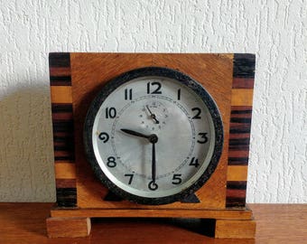 Vintage Art Deco alarm clock wooden mantle clock