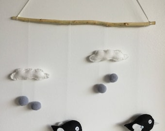 Felt baby/child birds and clouds mobile/suspension