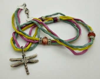 Silver Dragonfly Necklace, Silk Cord Dragonfly, Whimsical Necklace, Dragonfly Pendant, Silk Cord Necklace