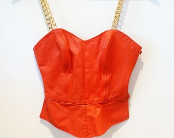 80s Deep Electric Orange Leather Gold Chain Strap Sweetheart Corset Bustier Crop Top