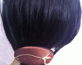 CLEARANCE - Brown barrette, embroidered barrette, oval barrette, fabric barrette, fabric barrette, hair accessory, fashion accessory