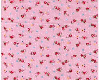 HALF YARD Yuwa - Petit Berry on Pink - Atsuko Matsuyama 826346-A - Mini Petite Red Strawberries Blue Flowers - Japanese Import Fabric