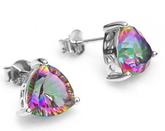Silver Jewelry Earrings, Stud Earring,Solid 925 Sterling Silver, Trillion Cut Mystic Topaz, Rainbow Earrings, Bridesmaide, Stud Earrings