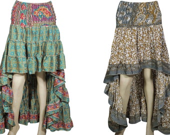 Boho Medley High-Low Maxi Skirt 2pc Recycled Vintage Sari Gypsy Ruffle Flirty Flare Summer Skirts S/M