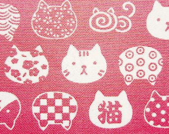 Animal Print Fabric By The Yard - Japanese Cats on Pink - Cotton Fabric - Half Yard