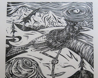 Stellar's Jay bird art block print