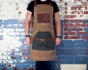 Brown Apron, Waxed Canvas and Leather Apron, Work Apron