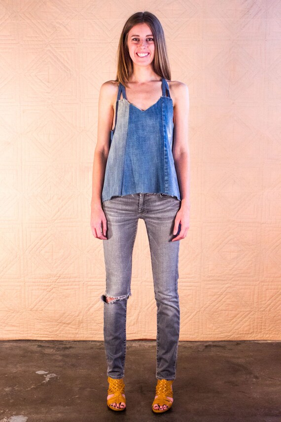 Upcycled Denim Tank Top w/ Patchwork Handmade One of a Kind