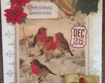 Vintage Christmas Card/Handmade/3D/Beautiful Birds Surrounded by Festive, Colorful Embellishments; Greeting