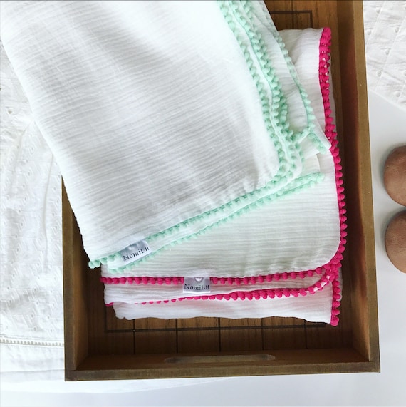 NomiLu Spring Confetti Swaddles - WHITE Mulsin Pom Swaddles - Cotton Muslin Gauze Swaddle Blanket