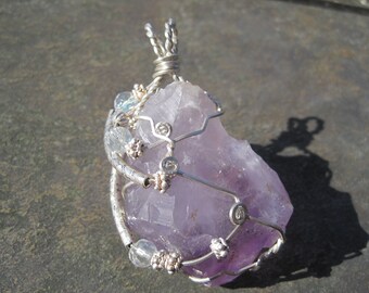 Chunky Amethyst Crystal Statement Pendant Wrapped in Sterling Silver with Swarovski Crystal and Sterling Accents