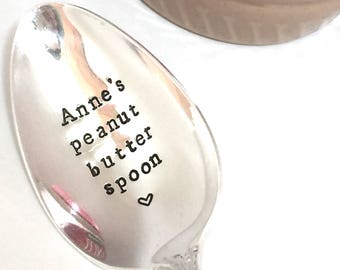 Custom name peanut butter spoon, Vintage silver plate spoons, Hand stamped peanut butter spoon, Engraved spoons, Personalized spoon