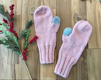 Classic Light Pink and Gray Mittens Stocking stuffer Christmas Gift Ready to Ship