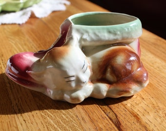 Vintage Hand Made Ceramic Sleeping Kitten Planter