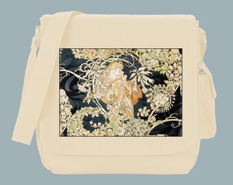 Vienna Illustration by Alfonse Mucha Messenger Bag, 15x11x4, Black or Natural