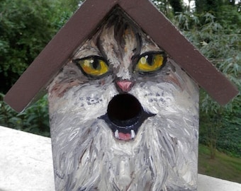 Bird House Hand Painted Custom Gray Cat Design Wood Outdoor
